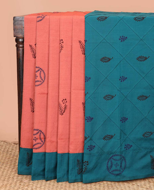 Peach block printed style buttas poly cotton saree, contrast printed border, and pallu of butta enclosed jaal design