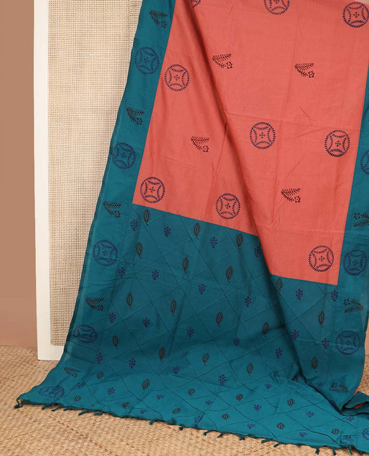 Peach block printed style buttas poly cotton saree, contrast printed border, and pallu of butta enclosed jaal design