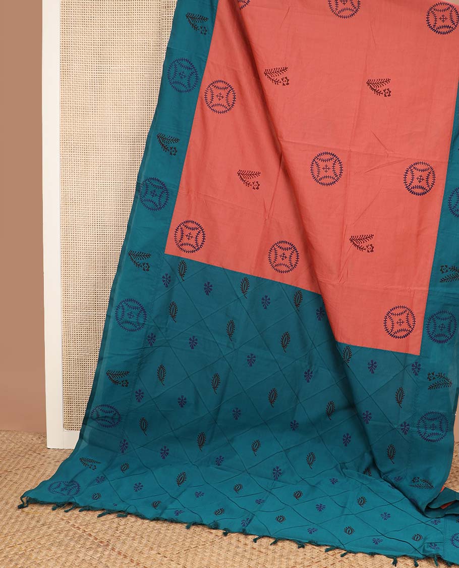 Peach block printed style buttas poly cotton saree, contrast printed border, and pallu of butta enclosed jaal design