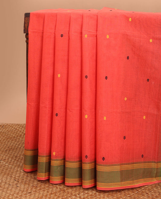 Orange geometric design coimbatore cotton saree with contrast striped border & striped, motifs pallu
