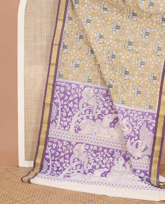 Yellow kalamkari-style floral vine & elephant printed chirala cotton saree, contrast plain border & pallu of floral & peacock print