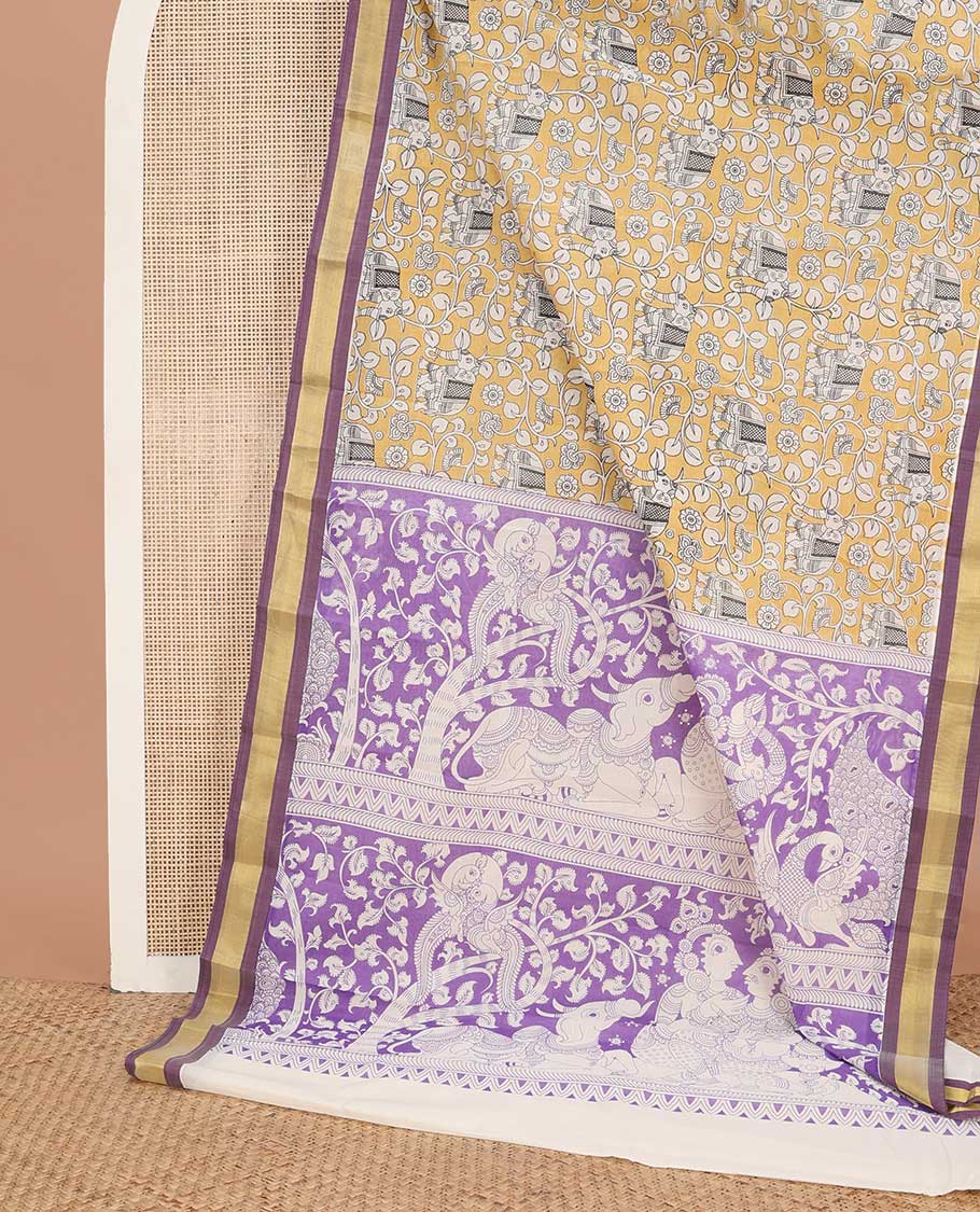 Yellow kalamkari-style floral vine & elephant printed chirala cotton saree, contrast plain border & pallu of floral & peacock print