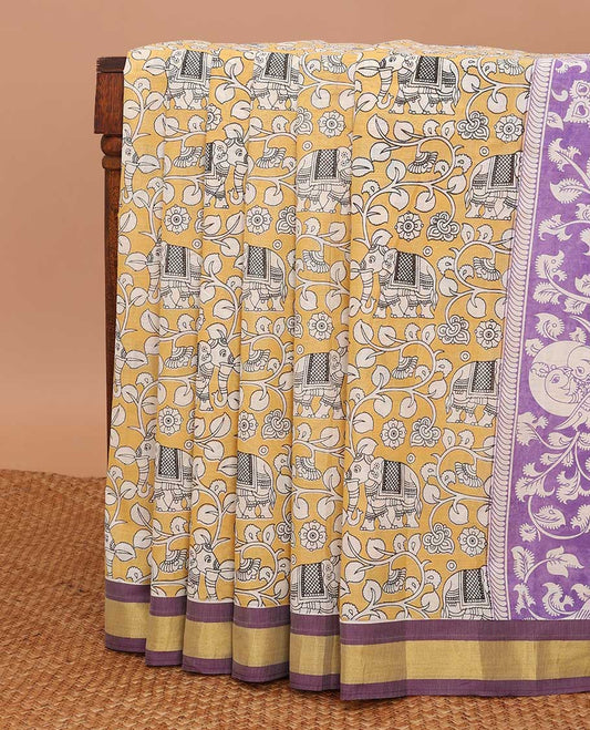 Yellow kalamkari-style floral vine & elephant printed chirala cotton saree, contrast plain border & pallu of floral & peacock print