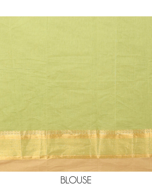 Parrot green buttas kanchi cotton saree, contrast thread and zari paisley border, and pallu of chevron and leaf motifs