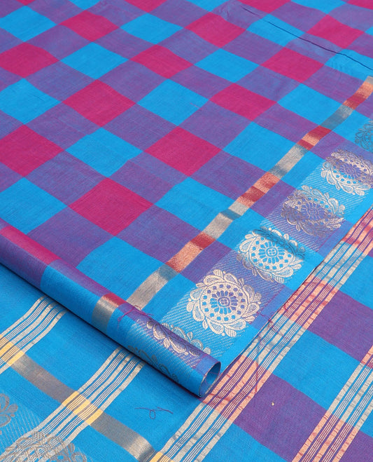 Multi-color checked nine-yard cotton saree, floral design zari border, and pallu of stripes