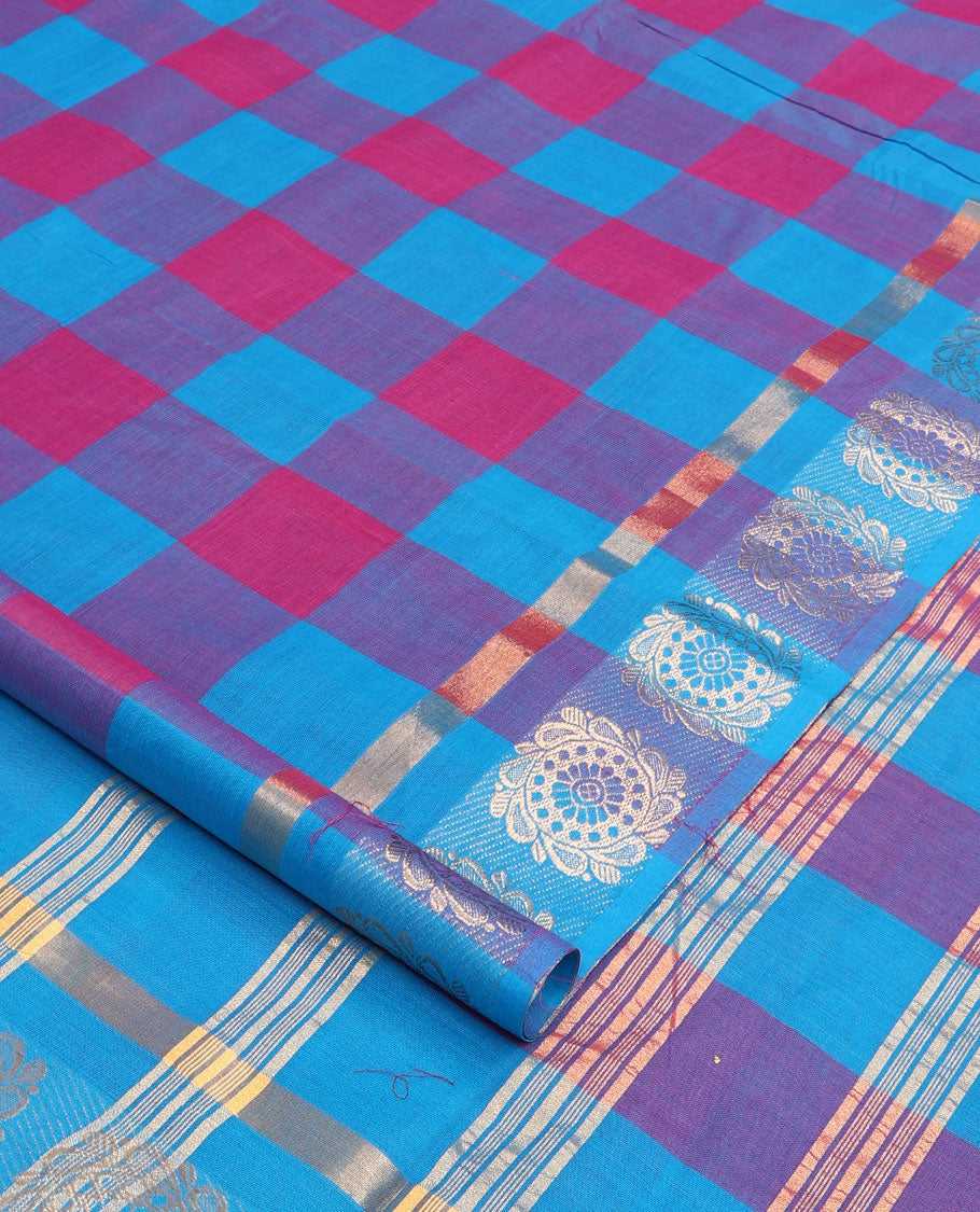 Multi-color checked nine-yard cotton saree, floral design zari border, and pallu of stripes