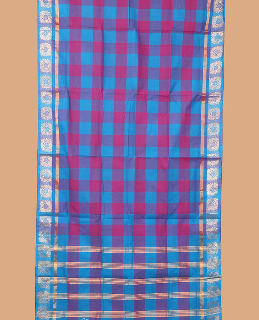Multi-color checked nine-yard cotton saree, floral design zari border, and pallu of stripes