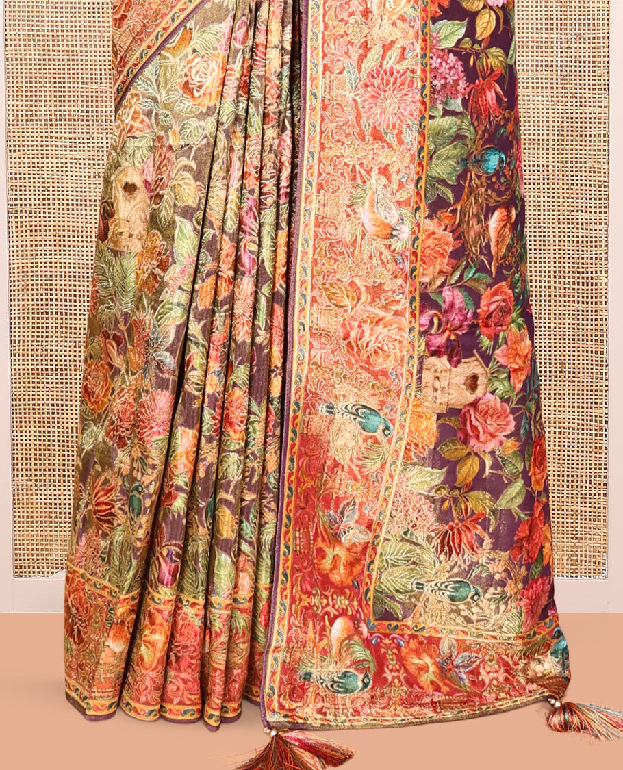 Dark Purple Tropical Floral Russian Dola Tissue Saree, Floral-Bird Border, and a Matching Blouse