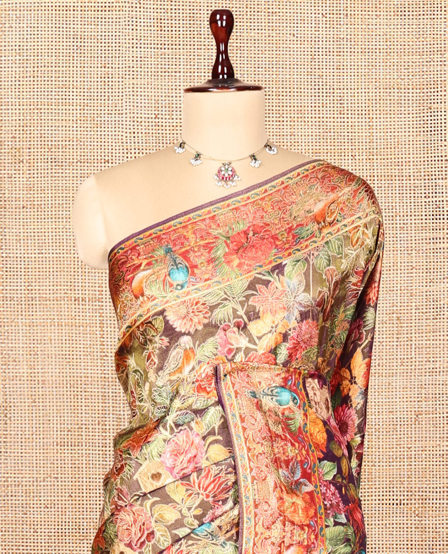 Dark Purple Tropical Floral Russian Dola Tissue Saree, Floral-Bird Border, and a Matching Blouse