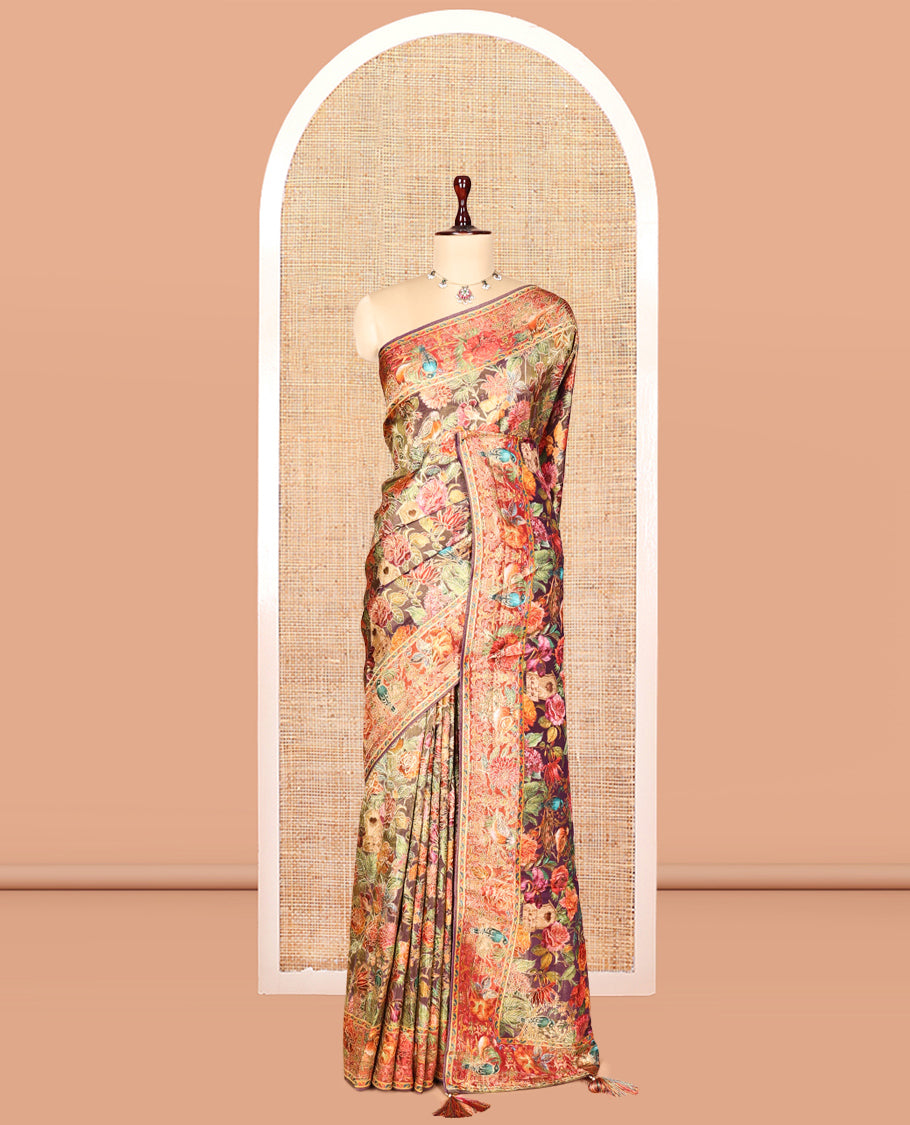 Dark Purple Tropical Floral Russian Dola Tissue Saree, Floral-Bird Border, and a Matching Blouse