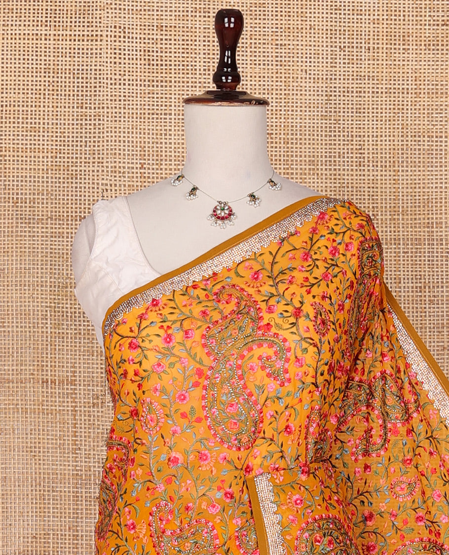 Orange base colroful floral vine resham thread embroidered with stone work designer saree, micro-stone embroidery border