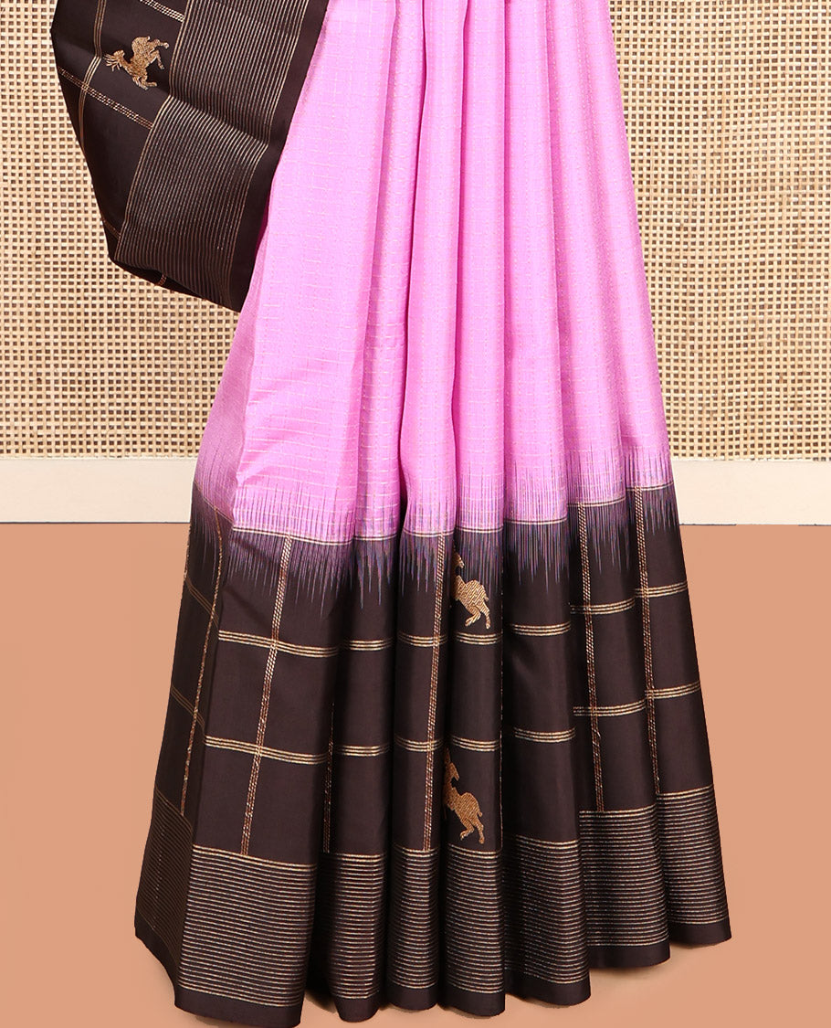 Pink Striped Kanchipuram Silk Saree, Complemented by Contrast Maan Butta Enclosed Checked Border, Jaal Pallu, and a Contrast Blouse