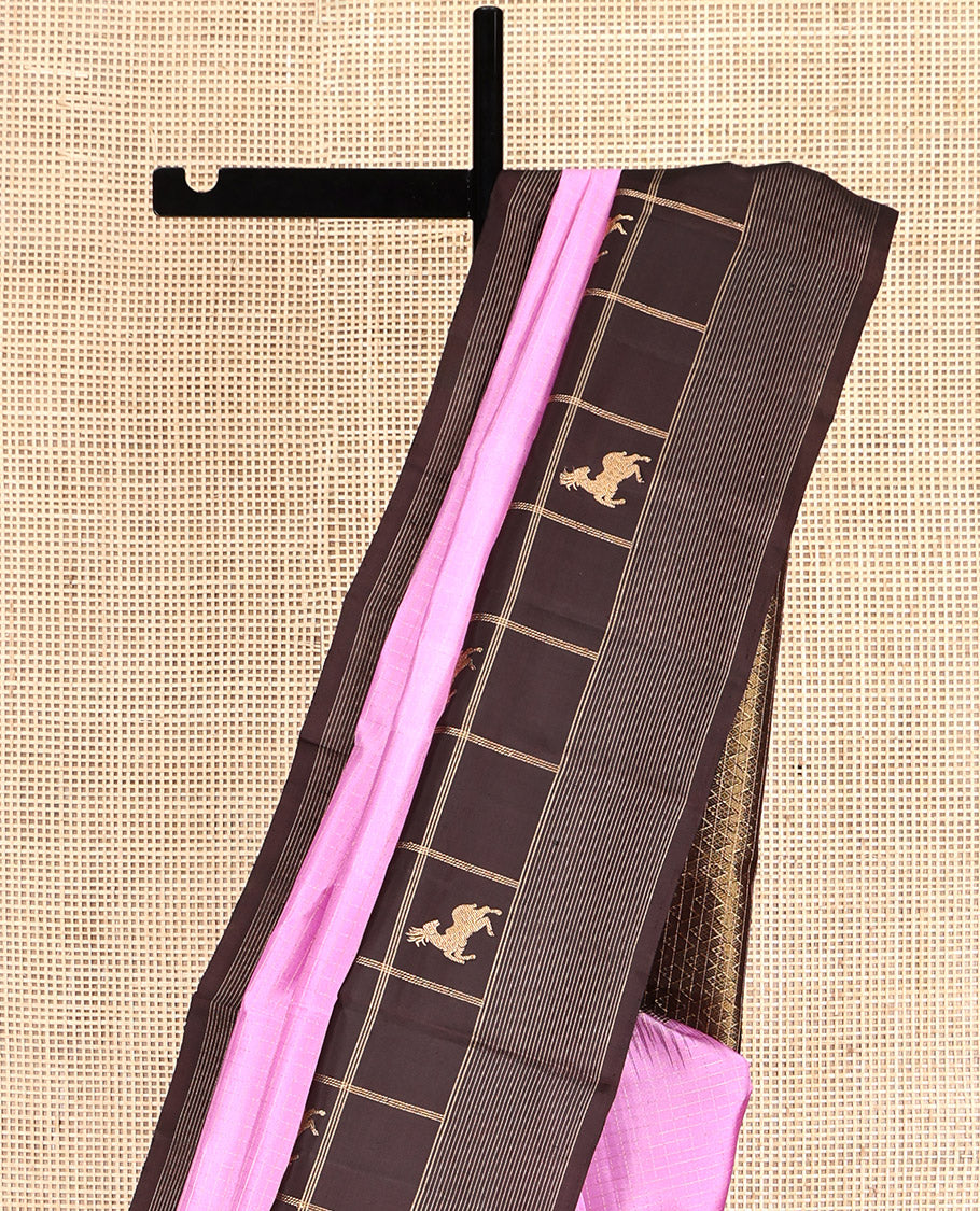 Pink Striped Kanchipuram Silk Saree, Complemented by Contrast Maan Butta Enclosed Checked Border, Jaal Pallu, and a Contrast Blouse