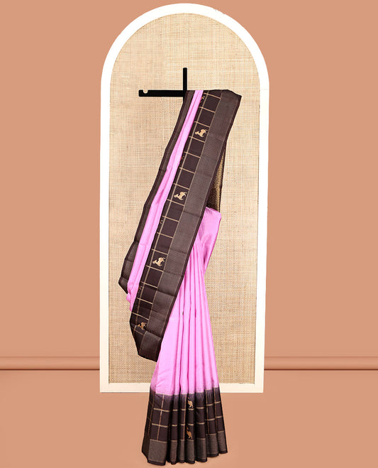 Pink Striped Kanchipuram Silk Saree, Complemented by Contrast Maan Butta Enclosed Checked Border, Jaal Pallu, and a Contrast Blouse