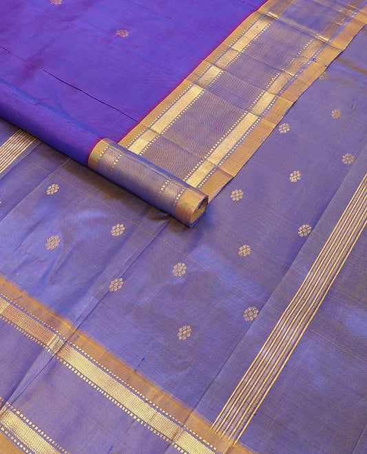 Blue floral buttas kancheepuram silk saree with contrast muthu, banaras design & floral buttas pallu