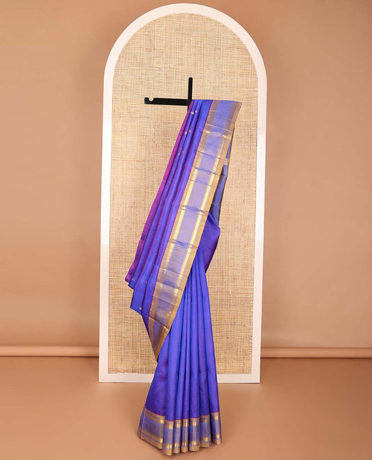 Blue floral buttas kancheepuram silk saree with contrast muthu, banaras design & floral buttas pallu