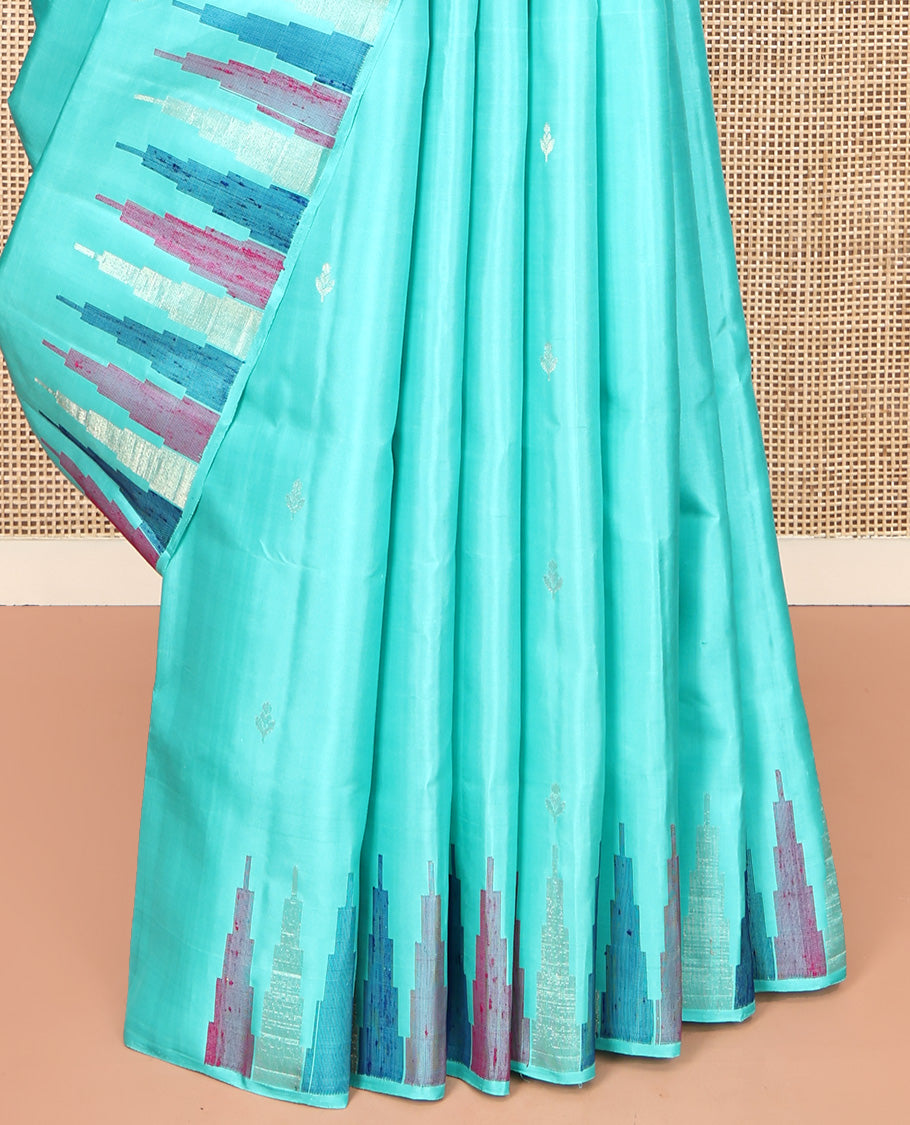 Blue Mayuri Soft Silk Saree, Sparsely Woven with Buttas All Over Its Body, Highlighted by Temple Border, Pallu of Colorful Checks, and Paired with a Matching Blouse