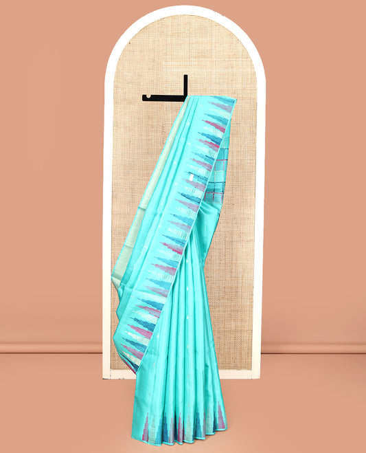 Blue Mayuri Soft Silk Saree, Sparsely Woven with Buttas All Over Its Body, Highlighted by Temple Border, Pallu of Colorful Checks, and Paired with a Matching Blouse