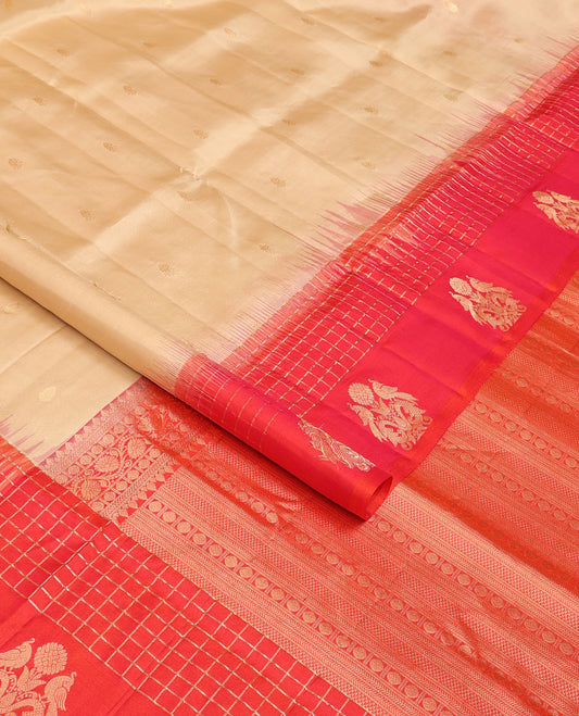 Sandal zari buttas soft silk saree, contrast checked border of mayil designs & pallu of geometric design