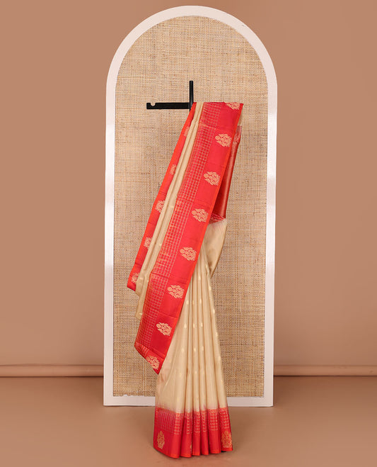 Sandal zari buttas soft silk saree, contrast checked border of mayil designs & pallu of geometric design
