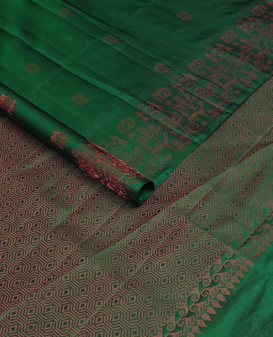 Green warli buttas soft silk saree, zari border decked up with warli motifs & geometric patterned pallu