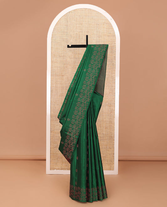 Green warli buttas soft silk saree, zari border decked up with warli motifs & geometric patterned pallu