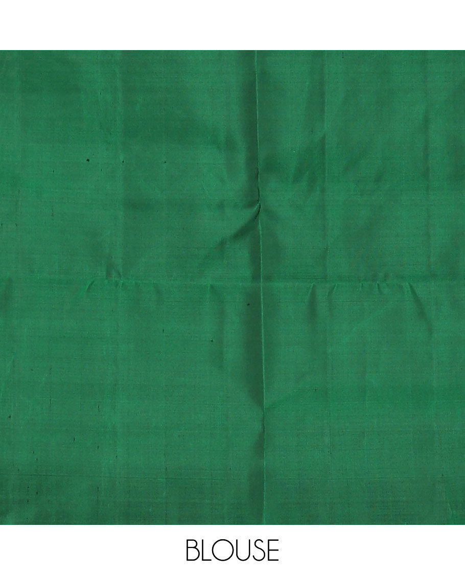 Green warli buttas soft silk saree, zari border decked up with warli motifs & geometric patterned pallu