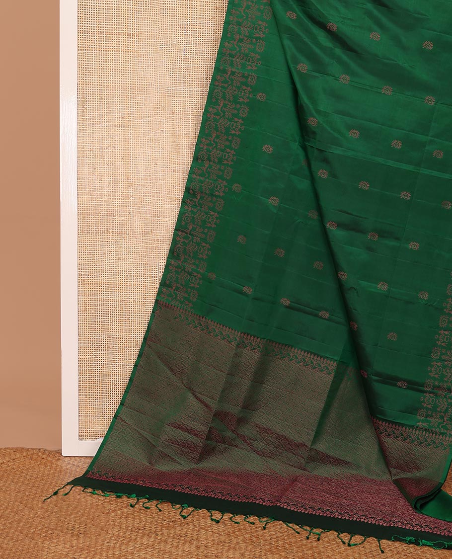 Green warli buttas soft silk saree, zari border decked up with warli motifs & geometric patterned pallu