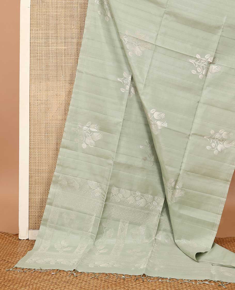 Borderless green striped and floral zari buttas soft silk saree, zari pallu of floral designs
