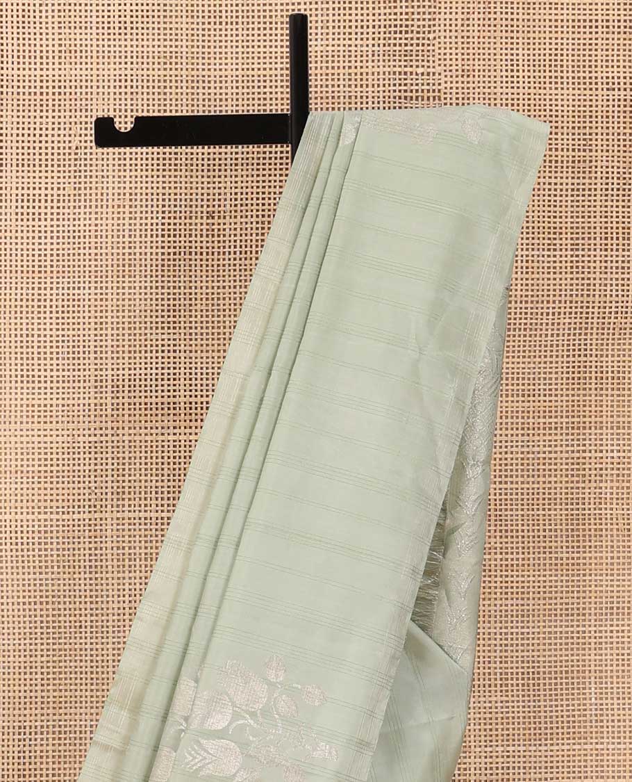 Borderless green striped and floral zari buttas soft silk saree, zari pallu of floral designs