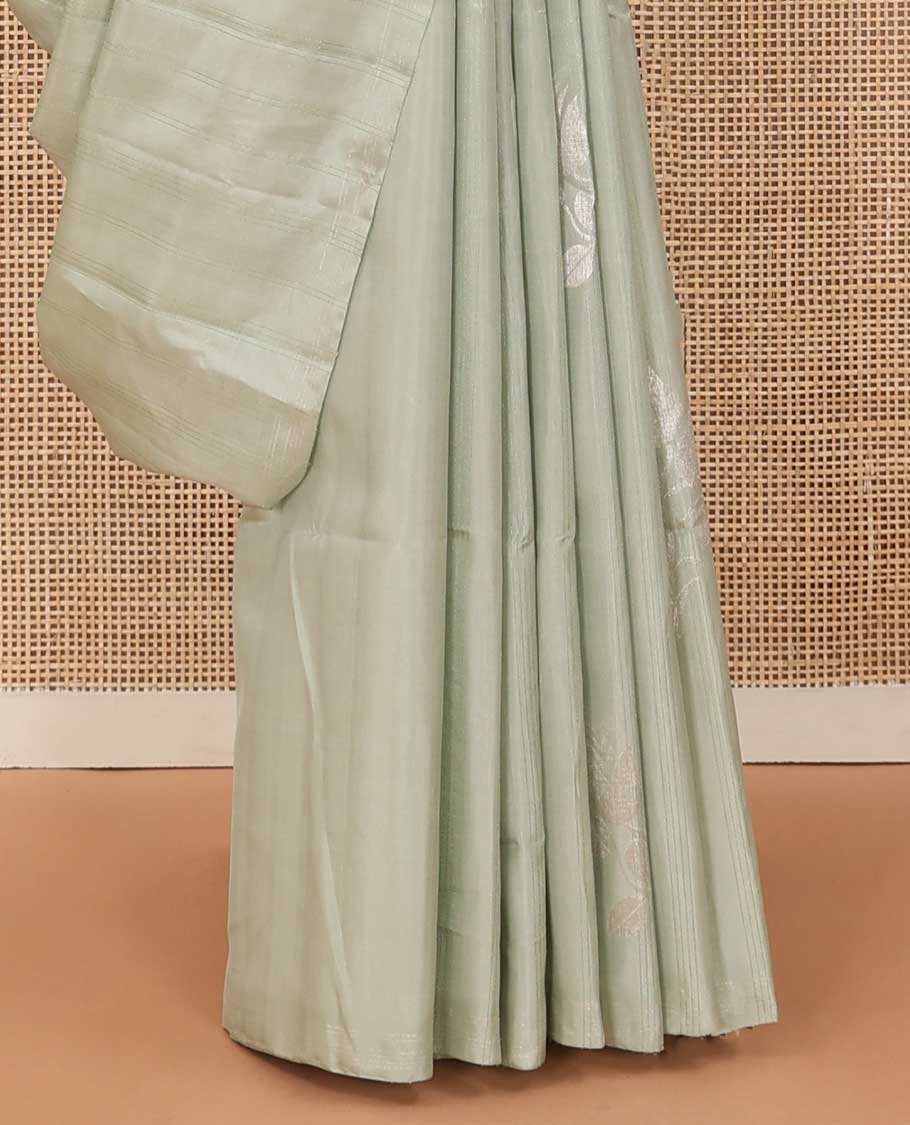 Borderless green striped and floral zari buttas soft silk saree, zari pallu of floral designs