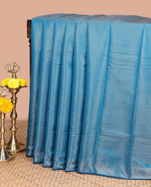 Blue antique zari striped desig soft silk saree with self border & self pallu along with silver zari blouse