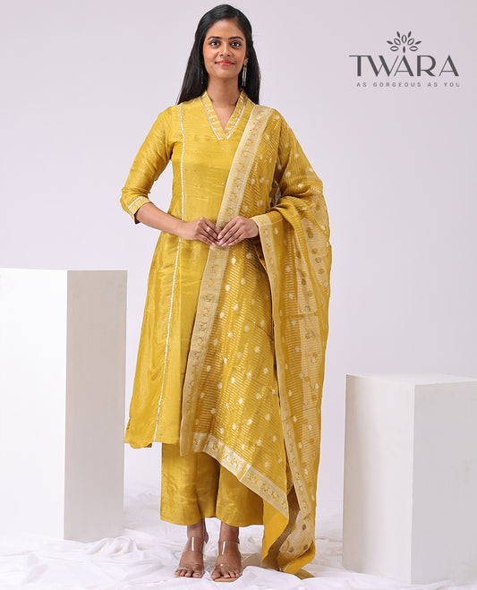 Twara yellow stone embroidery v neck, 3/4 th sleeve , below knee lenght kurti with straigth pants & floral design dupatta