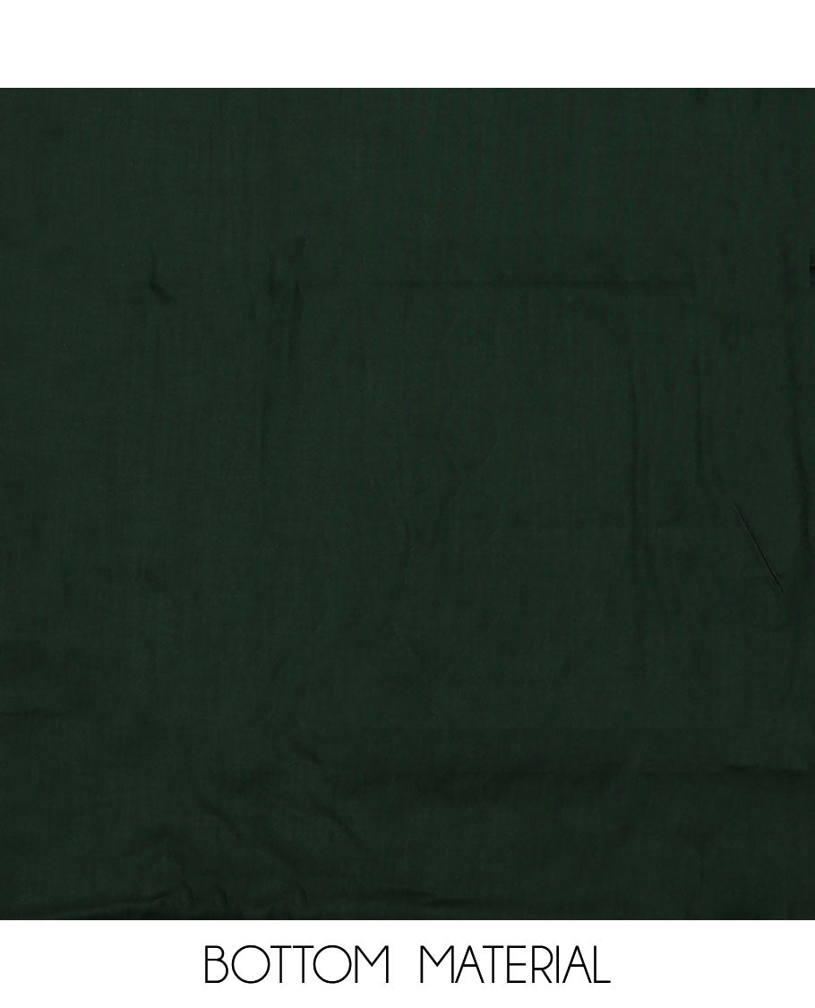 Cream and green material chudidar set, block printed with neck work top, contrast plain bottom, and intricately block printed dupatta