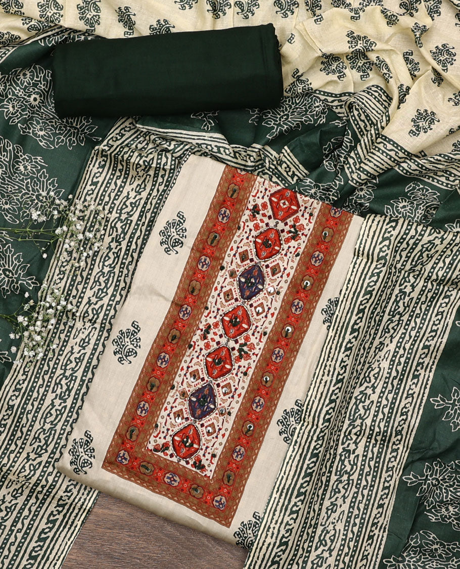 Cream and green material chudidar set, block printed with neck work top, contrast plain bottom, and intricately block printed dupatta