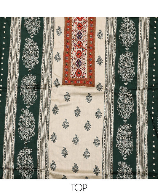 Cream and green material chudidar set, block printed with neck work top, contrast plain bottom, and intricately block printed dupatta
