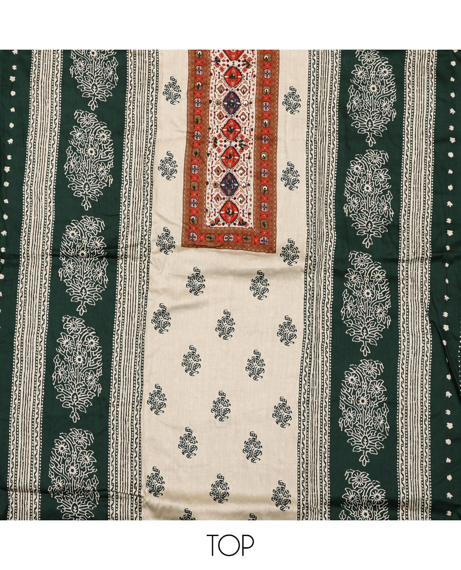 Cream and green material chudidar set, block printed with neck work top, contrast plain bottom, and intricately block printed dupatta