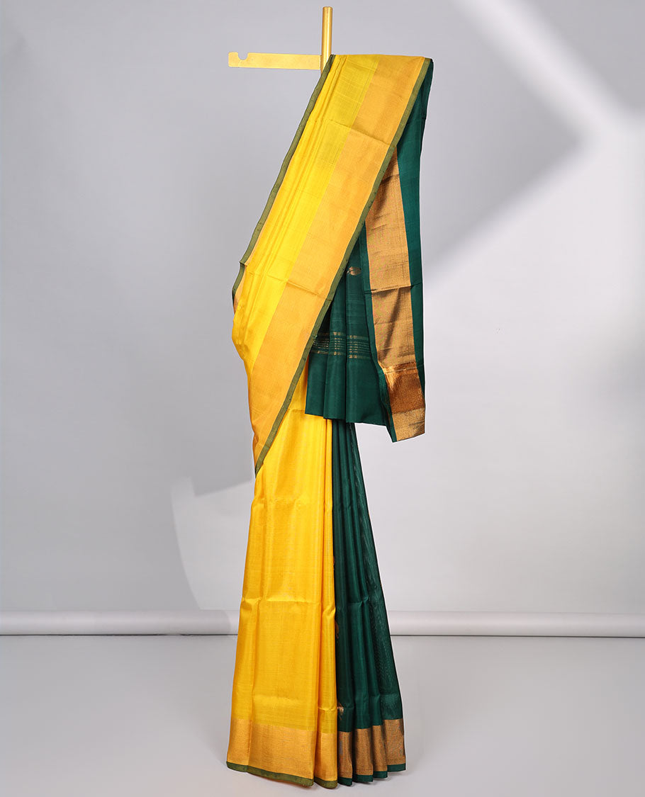Yellow uppada silk saree with contrast plain border & floral buttas pallu
