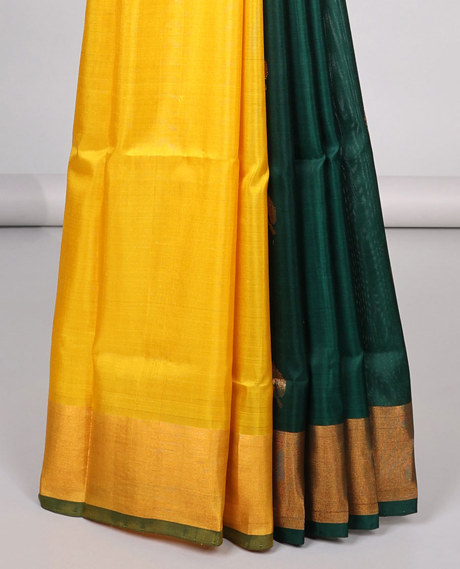 Yellow uppada silk saree with contrast plain border & floral buttas pallu