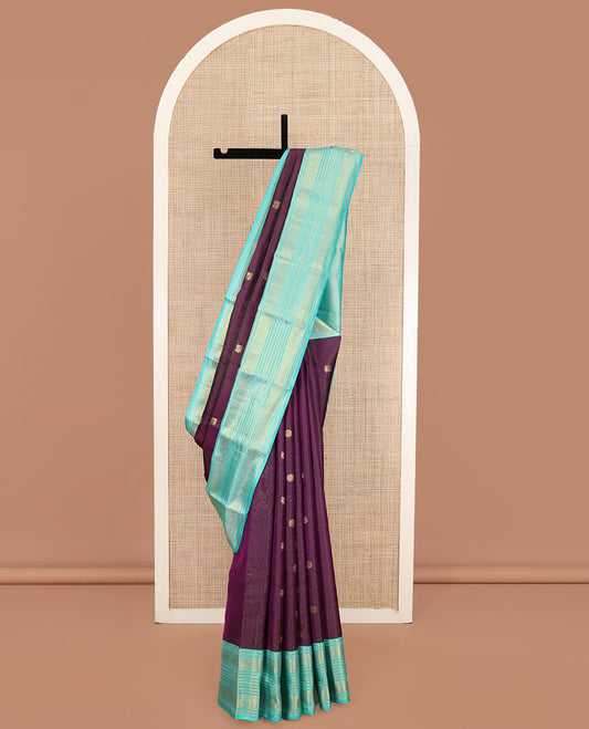 Purple Vasundhara Lite Silk Mix Saree, Elevated with Mayil-Chakram Buttas and Zari Stripes on Its Body, Complemented by a Contrast Traditional Zari Design Border, Grand Jaal Pallu, and Paired with a Contrast Blouse