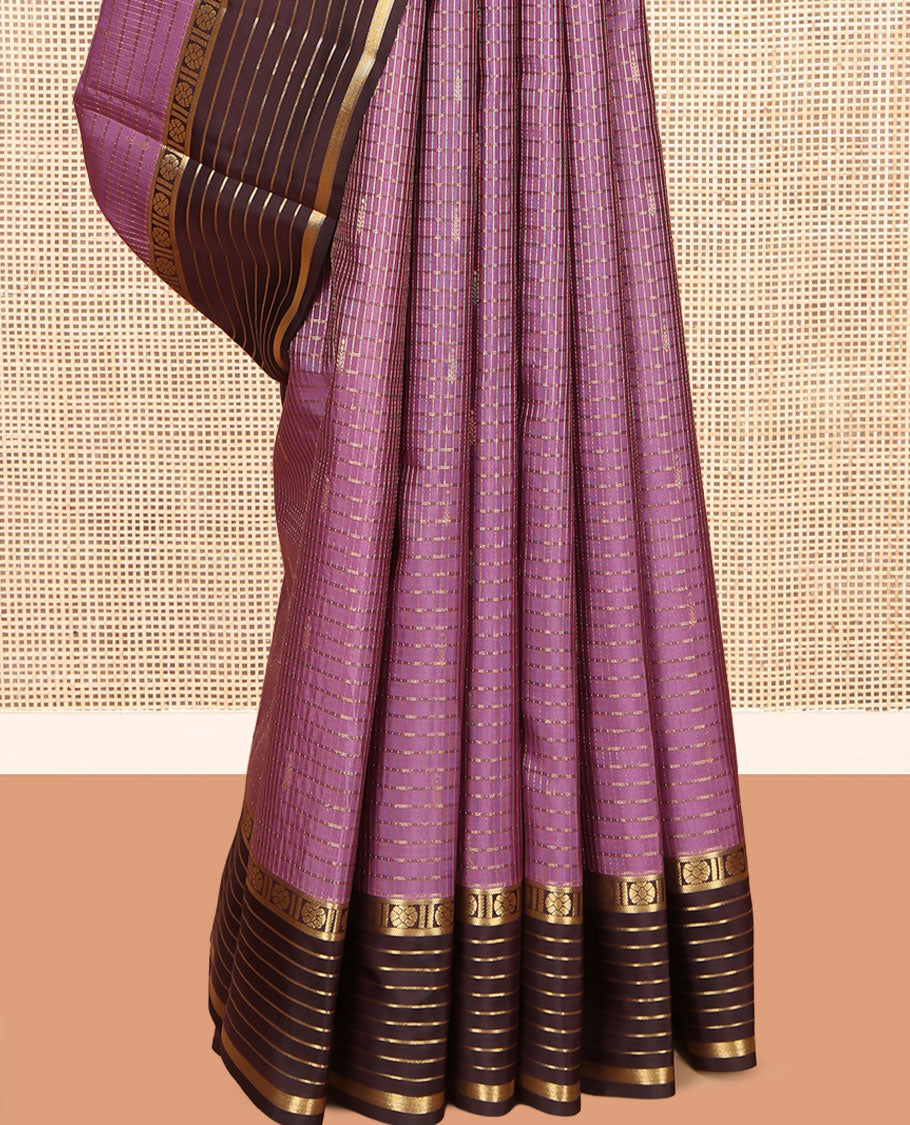 Purple Vasundhara Lite Silk Mix Saree, Woven with Zari Buttas and Stripes, a Contrast Border of Kamalam and Banaras Designs, Jaal Pallu, and a Contrast Blouse