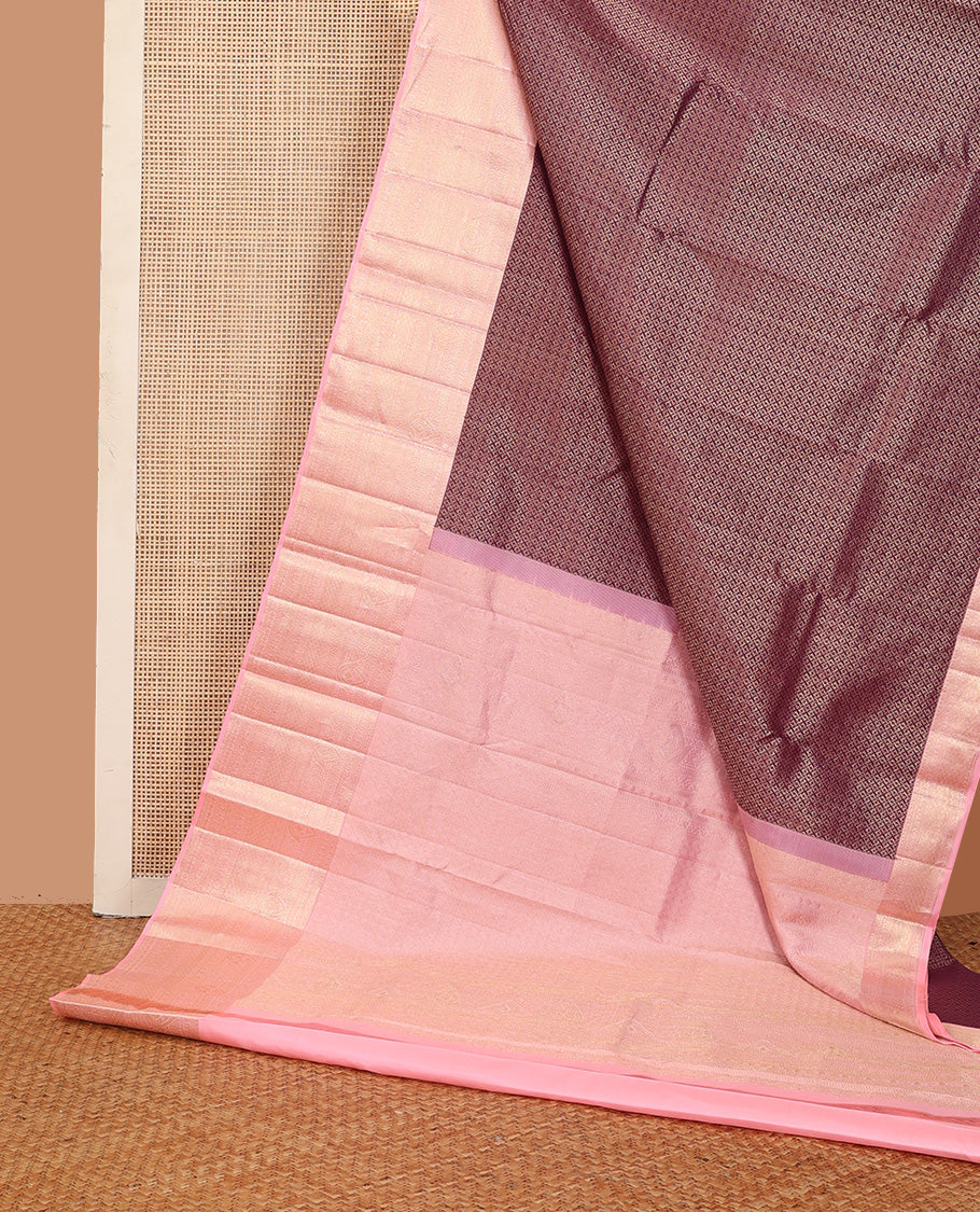 Maroon jacquard wedding silk saree, contrast traditional zari design border, and intricate pallu