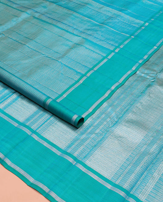 Blue striped Kanchipuram silk saree, contrast striped border, and pallu of stripes