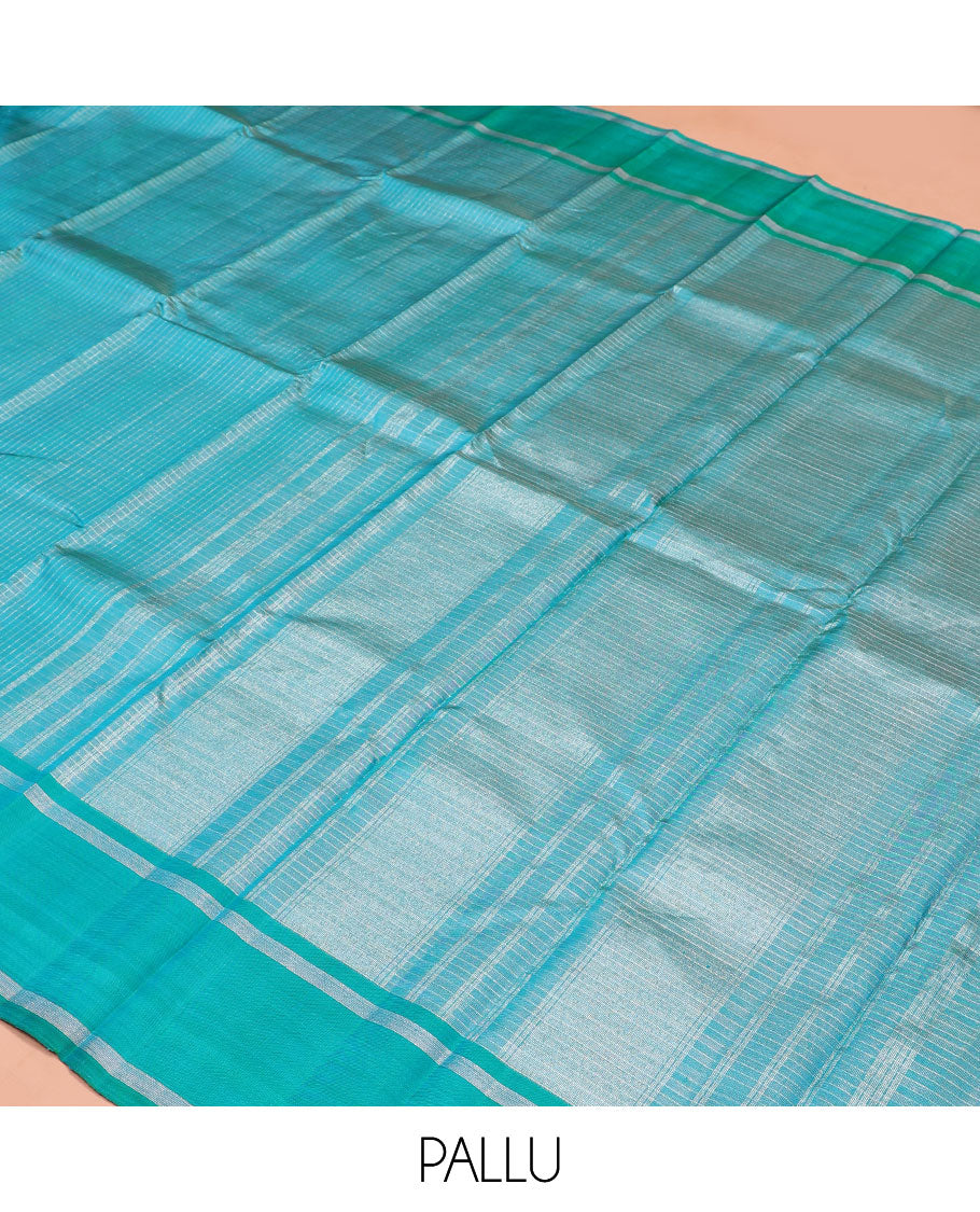 Blue striped Kanchipuram silk saree, contrast striped border, and pallu of stripes