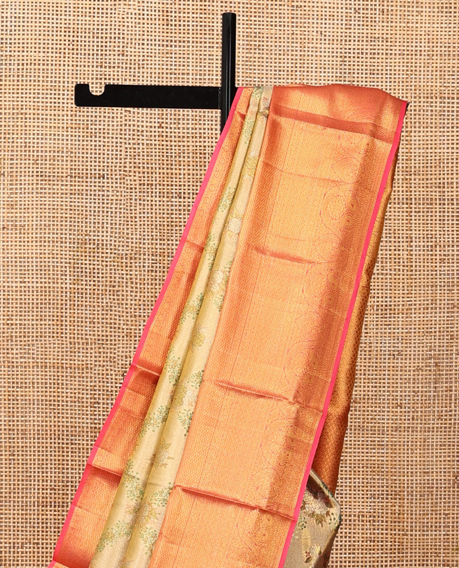 Gold Jacquard Design Kanchipuram Tissue Silk Saree, a Contrast Border of Thilakam Mokku, Muthu, Kamalam, Paisa, Mayil Kann, Cross Kamalam, Manga, and Jaal, Grand Pallu, and Contrast Blouse