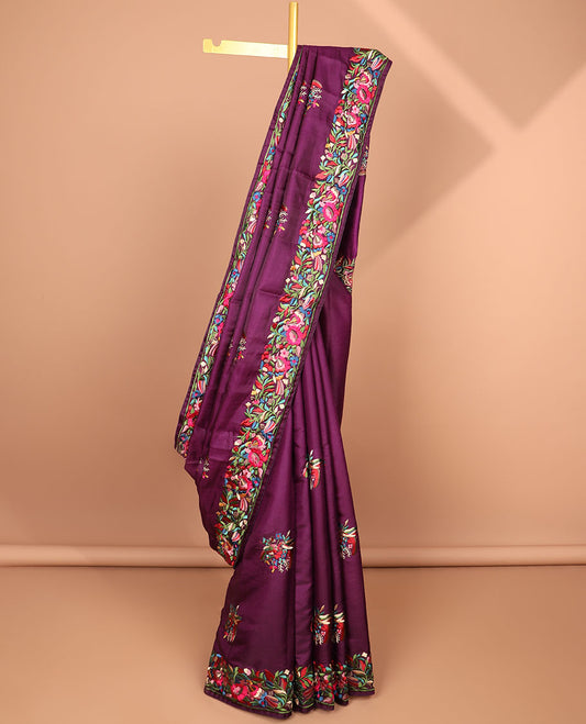 Purple all-over floral motifs thread embroidery tussar silk saree with self floral embroidery border