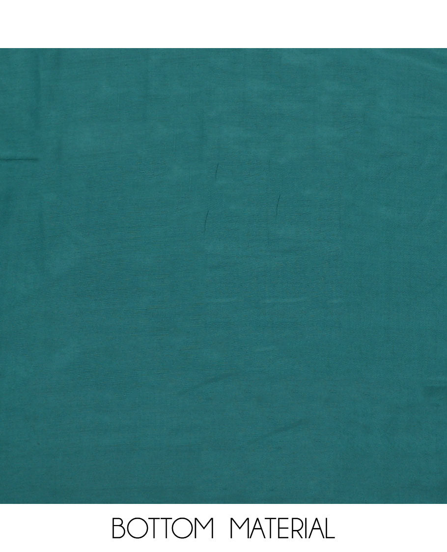 Green material chudidar set, hand-painting style Pichwai lotus, cow and peacock printed top, plain bottom and dupatta mirrors the same top print