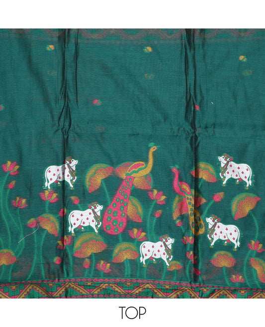 Green material chudidar set, hand-painting style Pichwai lotus, cow and peacock printed top, plain bottom and dupatta mirrors the same top print