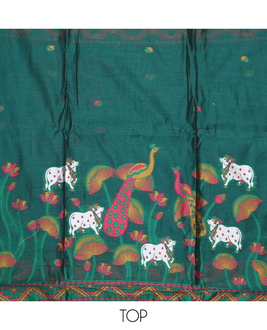 Green material chudidar set, hand-painting style Pichwai lotus, cow and peacock printed top, plain bottom and dupatta mirrors the same top print