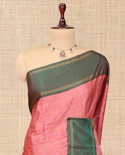 Peach Arani Saree, Subtly Sparkled with Butta Enclosed Checks, a Contrast Bodi Border, Self-Pallu, and a Matching Blouse
